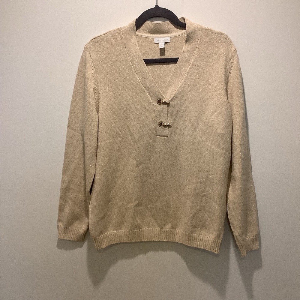 Charter club womens long sleeve Beige Gold sweater V-neck Size L Pullover